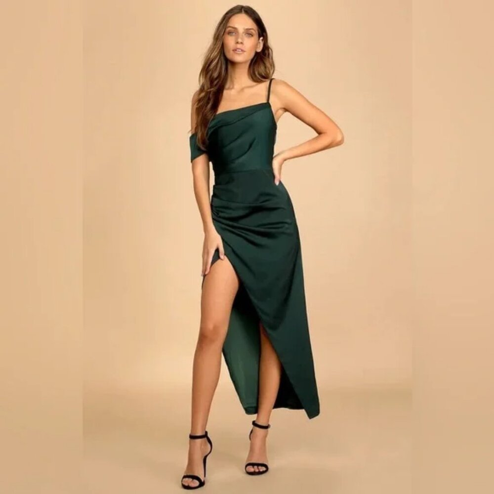Lulus Emerald Green Asymmetrical Ruched Satin Midi — Size M